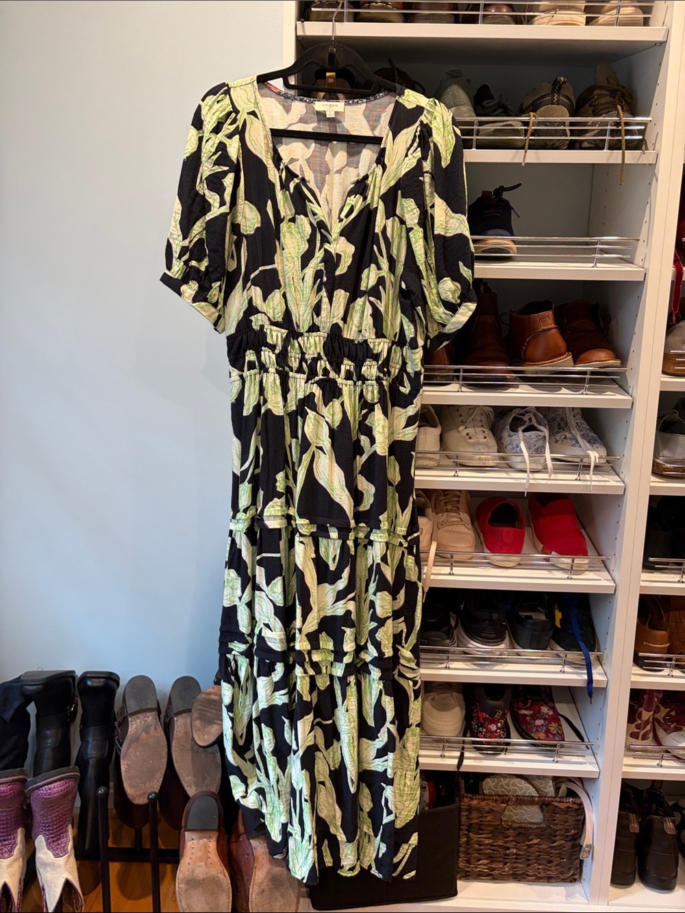 Umgee Black Midi Dress with Light Green Leaf Motif